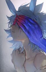 Rule 34 | 1boy, 1other, adam&#039;s apple, alien 888, antenna hair, arm out of frame, bare pectorals, bare shoulders, behind another, blue hair, claws, covering another&#039;s eyes, crossed arms, crying, facial mark, facing to the side, hair over eyes, hand on own shoulder, hands on another&#039;s face, highres, holding own arm, lone nape hair, looking up, male focus, monster, nude, open mouth, out of frame, pectorals, single tear, spiked hair, streaming tears, teardrop, tears, upper body, white background, yu-gi-oh!, yu-gi-oh! go rush!!, yudias velgear