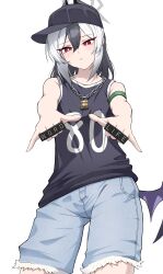1girl absurdres alternate_costume black_hair black_hat black_horns black_shirt blue_archive blue_shorts blush chain chain_necklace commentary commentary_request contrapposto demon_horns grey_hair halo hat head_tilt highres hikkio horns jewelry kayoko_(blue_archive) looking_at_viewer medium_hair mole mole_on_neck multicolored_hair necklace number_print parted_lips purple_wings red_eyes shirt shorts simple_background single_wing solo standing two-tone_hair white_background wings