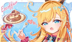 1girl ahoge apron blonde_hair blue_background blue_eyes blush breasts chef chef_hat cowlick dress english_text escoffier_(genshin_impact) fork fork_hair_ornament genshin_impact hair_ornament hat heart heart_in_eye highres holding holding_fork holding_ladle knife_hair_ornament la_lettre_a_focalors_(genshin_impact) ladle large_breasts long_hair longlong2024 looking_at_viewer mechanical_tail open_mouth solo spoken_heart symbol_in_eye tail toque_blanche very_long_hair white_hat wrist_cuffs