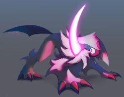 absol claws commentary full_body gen_3_pokemon glowing grey_background highres likey looking_at_viewer nintendo no_humans pokemon pokemon_(creature) pokemon_focus psycho_cut_(pokemon) signature solo standing