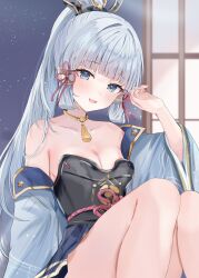 1girl armor ayaka_(genshin_impact) bare_shoulders blue_eyes blue_hair blue_kimono blue_skirt blunt_bangs blush bow breasts choker cleavage collarbone genshin_impact hair_bow hair_ribbon highres japanese_armor japanese_clothes kimono long_hair looking_at_viewer maruro medium_breasts mole mole_under_eye off_shoulder open_mouth pink_bow ponytail ribbon sidelocks sitting skirt smile solo thighs tress_ribbon yellow_choker