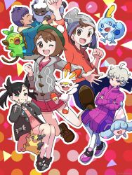 Rule 34 | 2girls, 3boys, :d, asymmetrical bangs, beanie, bede (pokemon), black choker, black fur, black hair, black jacket, black nails, black shoes, blue eyes, bob cut, brown eyes, brown fur, brown hair, brown shoes, cardigan, choker, closed eyes, coat, curly hair, dark-skinned male, dark skin, dress, dynamax band, fang, fingersmile, full body, fur-trimmed jacket, fur trim, gen 8 pokemon, gloria (pokemon), green eyes, green fur, green hat, green socks, grey cardigan, grookey, hair ribbon, hat, hatenna, highres, hood, hooded cardigan, hop (pokemon), jacket, leggings, long sleeves, looking at viewer, marnie (pokemon), monkey, morpeko, morpeko (full), multiple boys, multiple girls, nintendo, one eye closed, open clothes, open mouth, orange eyes, orange fur, pink dress, plaid clothes, plaid socks, pokemon, pokemon (creature), pokemon swsh, popped collar, purple coat, purple eyes, purple hair, purple shoes, rabbit, red background, red ribbon, red shirt, ribbon, saki pokeoekaki, scorbunny, sheep, shirt, shoes, short hair, simple background, sleeves rolled up, smile, sobble, socks, standing, starter pokemon trio, tam o&#039; shanter, twintails, victor (pokemon), white fur, white leggings, wooloo, yellow fur