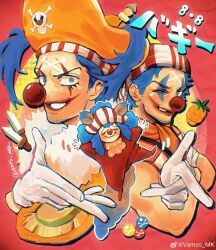1boy absurdres arms_up ascot bandana blue_eyes blue_hair buggy_the_clown closed_eyes clown_nose crossed_arms facepaint facial_hair gloves goatee grin hat highres knife male_focus multiple_views one_eye_closed one_piece onesie orange_ascot orange_hat red_background smile translation_request twintails vamos_mk white_gloves