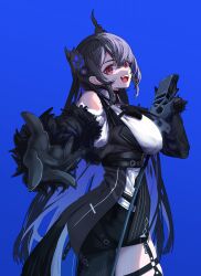1girl absurdres asymmetrical_horns bare_shoulders black_hair blue_background blue_hair breasts clothing_cutout colored_inner_hair demon_horns feather-trimmed_jacket flower foreshortening gloves hair_between_eyes hair_ornament highres holding holding_microphone hololive hololive_english horn_flower horns koizumi_arata large_breasts long_hair looking_at_viewer microphone microphone_stand mole mole_under_eye multicolored_hair music nerissa_ravencroft nerissa_ravencroft_(1st_costume) open_mouth red_eyes shirt shoulder_cutout simple_background singing smile solo tassel tassel_hair_ornament two-tone_hair uneven_horns virtual_youtuber