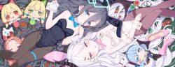 2girls absurdly_long_hair ako_(blue_archive) animal_ear_headphones animal_ears aris_(blue_archive) bare_shoulders black_bow black_hair black_leotard blonde_hair blue_archive blue_bow blue_bowtie blue_eyes blue_hairband blush bow bowtie braid breasts card cat_ear_headphones character_doll chibi commentary_request detached_collar dot_nose fake_animal_ears feet_out_of_frame from_above green_eyes hair_between_eyes hair_ornament hair_spread_out hairband halo hand_on_own_crotch headphones highres hina_(blue_archive) knees_together_feet_apart leotard long_hair long_hair_between_eyes looking_at_viewer lying medium_breasts midori_(blue_archive) momoi_(blue_archive) multiple_girls on_back one_side_up open_mouth pantyhose playboy_bunny purple_eyes rabbit_ears red_eyes sando_(dukedevil) side-tie_leotard small_breasts smile strapless strapless_leotard tail tareme thigh_strap tsurime very_long_hair white_leotard wrist_cuffs yuzu_(blue_archive)