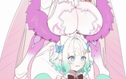 2girls aqua_sleeves arms_at_sides arthropod_girl arthropod_limbs black_bow black_bowtie blue_eyes bow bowtie breasts cleavage cleavage_cutout clothing_cutout commentary derivative_work dress frills fur-trimmed_dress fur_trim ghost_girl gradient_hair green_hair hair_ornament head_out_of_frame huge_breasts indie_virtual_youtuber long_hair maid_headdress matara_kan mint_fantome mint_fantome_(minto_2.0) mole mole_on_breast monster_girl multicolored_hair multiple_girls parted_lips pink_hair pointy_ears screenshot_redraw short_hair simple_background size_difference smile streaked_hair symbol-only_commentary terupancake two-tone_hair two_side_up very_long_hair virtual_youtuber white_background white_dress white_hair white_headdress x_hair_ornament