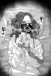 1girl ^^^ absurdres bound bound_wrists bra_strap buttons commentary_request greyscale heart heart-shaped_pupils highres long_hair long_sleeves lying mask mattress monochrome necktie_around_wrists open_mouth original pillow restrained shirt single_bare_shoulder solo sound_effects speech_bubble suggestive_fluid sweat symbol-shaped_pupils tongue tongue_out trembling untsuku very_sweaty