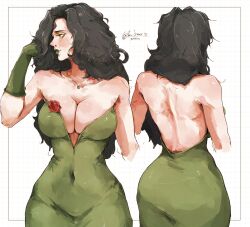 1girl bare_shoulders black_gloves black_hair bon_drawr breasts dated dress flower gloves green_dress green_eyes hela_(marvel) highres large_breasts long_hair marvel marvel_rivals multiple_views red_flower red_rose rose signature upper_body