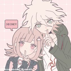 1boy 1girl artist_name brown_hair danganronpa_(series) danganronpa_2:_goodbye_despair flipped_hair galaga green_jacket hair_ornament index_finger_raised jacket komaeda_nagito komanami_kawaii long_sleeves medium_hair nanami_chiaki neck_ribbon open_clothes open_jacket pink_eyes ribbon shirt smile spaceship_hair_ornament speech_bubble white_hair white_shirt