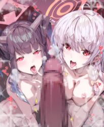1boy 2girls absurdres blue_archive bow braid breasts completely_nude demon_girl demon_horns finger_to_mouth fuuka_(blue_archive) hair_between_eyes hair_bow halo haruna_(blue_archive) heart highres horns large_breasts long_hair multiple_girls nipples nude penis pink_halo pov red_eyes saliva single_braid small_breasts sunnysideup tongue tongue_out yellow_bow yellow_halo