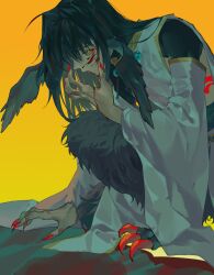 1other absurdres ahoge androgynous black_hair blood blood_on_face blood_on_hands blue_pupils body_fur body_markings buyaozaoqi clawed_feet claws detached_sleeves eyeshadow fate/grand_order fate/samurai_remnant fate_(series) glowing glowing_eye hair_down hair_intakes hand_over_face hand_up head_wings highres japanese_clothes kimono long_hair makeup on_one_knee oni orange_background orange_eyes red_eyeshadow red_nails sidelocks simple_background solo white_kimono wings yamato_takeru_(fate) yamato_takeru_(third_ascension)_(fate)