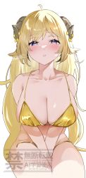 1girl ahoge alternate_costume animal_ears arms_between_legs bikini blonde_hair blush breasts cleavage collarbone commentary_request dot_nose gold_bikini highres hololive horn_ornament horns invisible_chair jewelry large_breasts long_hair looking_at_viewer nyas0123 parted_lips purple_eyes sheep_ears sheep_girl sheep_horns sidelocks signature simple_background sitting solo swimsuit tsunomaki_watame v_arms very_long_hair virtual_youtuber watermark white_background