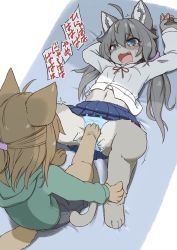 2girls animal_ears blue_panties blue_skirt brown_hair cat_ears cat_tail denki_anma dog_ears dog_tail fangs female_focus female_footjob furry furry_female green_hoodie grey_fur grey_hair highres hood hoodie kiori_nezumi low_twintails lying multiple_girls on_back open_mouth original panties pleated_skirt skirt spread_legs tail through_clothes twintails underwear yuri