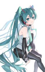 1girl aqua_eyes aqua_hair aqua_nails aqua_necktie black_skirt black_thighhighs blush commentary feet_out_of_frame hair_between_eyes hair_ornament hatsune_miku headphones highres long_hair long_sleeves looking_at_viewer miniskirt necktie parted_lips shikaemon shirt simple_background sitting skirt sleeveless sleeveless_shirt smile solo thighhighs very_long_hair vocaloid white_background wide_sleeves