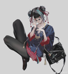 Rule 34 | 1girl, absurdres, adjusting eyewear, black bag, black hair, black pantyhose, black shoes, blue shirt, changmingsuo, changmingsuo (guilongchao), chinese commentary, commentary request, double bun, full body, green hair, grey background, guilongchao, hair bun, hair ribbon, hand on eyewear, hands up, highres, knees up, loafers, long sleeves, looking at viewer, looking over eyewear, multicolored hair, open mouth, pantyhose, red eyes, red ribbon, red skirt, ribbon, round eyewear, shirt, shoes, short hair, shu kunkuokuozi, simple background, sitting, skirt, smile, solo, streaked hair, sunglasses, tassel