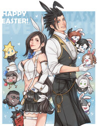 &gt;_&lt; 3girls 6+boys aerith_gainsborough analog_clock angeal_hewley animal_ears animalization apron armpit_crease back-to-back bare_shoulders barret_wallace bird black_apron black_gloves black_hair black_pants black_skirt black_vest blonde_hair blue_bow blue_bowtie blue_eyes border bow bowtie breasts brown_hair butler chick clock cloud_strife collared_shirt commentary cowboy_shot crop_top crylin6 detached_collar detached_sleeves earrings easter english_commentary final_fantasy final_fantasy_vii final_fantasy_vii_ever_crisis fingerless_gloves genesis_rhapsodos gloves green_eyes grey_hair hair_bow happy_easter heart height_difference helmet highres jewelry key kunsel leotard lips long_hair looking_at_viewer low-tied_long_hair materia medium_breasts midriff miniskirt multiple_boys multiple_girls navel official_alternate_costume open_mouth outside_border pants parted_lips playboy_bunny rabbit rabbit_ears rabbit_tail red_eyes sephiroth shirt short_hair single_thighhigh skirt smile spiked_hair sunglasses suspender_skirt suspenders tail thigh_strap thighhighs tifa_lockhart tifa_lockhart_(bunny_bustier) vest vincent_valentine waist_apron white_border white_bow white_gloves white_shirt white_sleeves white_thighhighs wings yuffie_kisaragi zack_fair zack_fair_(bunny_butler)