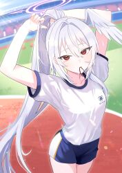 1girl absurdres adjusting_hair alternate_costume alternate_hairstyle arms_behind_head arms_up blue_archive breasts day gym_shirt gym_shorts gym_uniform hair_between_eyes head_wings highres long_hair mouth_hold outdoors ponytail red_eyes running_track shirt short_sleeves shorts single_head_wing small_breasts solo suzumi_(blue_archive) very_long_hair wakamomo1000 white_hair white_shirt wings