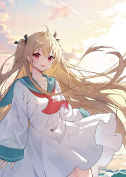 1girl :d absurdres ahoge atri atri-my_dear_moments- backlighting blue_sailor_collar collarbone dress feng1180 hair_ribbon highres light_brown_hair long_hair long_sleeves looking_at_viewer neckerchief ocean open_mouth orange_sky outdoors red_eyes red_neckerchief ribbon sailor_collar sailor_dress sky sleeves_past_wrists smile solo two_side_up very_long_hair