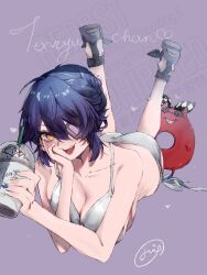 1girl ass bikini breasts checkered_necktie cleavage drink eyepatch heart highres holding holding_drink kantai_collection looking_at_viewer lying mizoredama1 necktie on_stomach open_mouth purple_background purple_hair sandals shiny_skin short_hair simple_background smile solo swimsuit tenryuu_(kancolle) watermark white_bikini yellow_eyes
