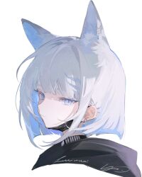 Rule 34 | 1girl, :/, animal ears, black jacket, blue eyes, blunt bangs, bob cut, commission, fox ears, highres, jacket, looking at viewer, looking back, mask, medium hair, mouth mask, original, simple background, solo, unworn mask, white background, white hair, yoimon