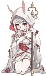 1girl animal_ears bare_shoulders bell bow bowtie choker clutching_chest furry furry_female hood japanese_clothes no_panties nontraditional_miko obi rabbit_ears rabbit_girl rabbit_nose red_bow red_bowtie red_eyes red_ribbon ribbon rimworld sandals sash shakujou snout solo_focus staff tama_(tamatamo) white_background white_hair yuran_(race)