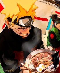 2boys black_hair blonde_hair closed_mouth commentary_request food headband imamuu_(imamoon) kamaboko male_focus multiple_boys naruto_(series) narutomaki noodles ponytail ramen short_hair sitting smile temari_(naruto) uzumaki_naruto