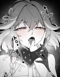 2girls blush body_markings braid bright_pupils changli_(wuthering_waves) collar commentary_request female_pov female_rover_(wuthering_waves) finger_in_another&#039;s_mouth gloves hair_extensions hair_ornament half-closed_eyes heart highres licking_another&#039;s_finger looking_at_viewer multiple_girls open_mouth orange_eyes partially_fingerless_gloves portrait pov pov_hands ring_hair_extensions rover_(wuthering_waves) spot_color starblame sweat twin_braids white_pupils wuthering_waves