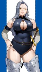 1girl absurdres armored_boots bare_shoulders belt blue_hair blue_leotard boots breasts cleavage cleavage_cutout clothing_cutout detached_sleeves hands_on_own_hips highres jericho_(nanatsu_no_taizai) large_breasts leotard light_blue_hair lips long_hair looking_to_the_side mokushiroku_no_yonkishi nanatsu_no_taizai parted_lips simple_background skin_tight solo stray_hair sword thick_thighs thigh_boots thighs weapon yellow_eyes yoshio_(55level)