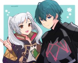 1boy 1girl :d aqua_background armor artist_name black_robe blue_eyes book border closed_mouth collarbone female_robin_(fire_emblem) fire_emblem fire_emblem:_three_houses fire_emblem_awakening floral_background green_hair highres holding holding_book hooded_robe in-franchise_crossover kiriya_(552260) long_hair looking_at_viewer male_byleth_(fire_emblem) nintendo open_clothes open_mouth open_robe outside_border robe shirt short_hair smile tongue twintails twitter_username watermark white_border white_hair white_shirt