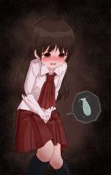 1girl absurdres ascot between_legs black_socks blush breath brown_background brown_hair collared_shirt commission crying embarrassed female_focus flat_chest gradient_background half-closed_eyes hand_between_legs have_to_pee highres ib_(ib) ib_(kouri) kneehighs knees_together_feet_apart leaning_forward long_hair long_sleeves looking_down miniskirt nose_blush open_mouth own_hands_together pleated_skirt red_ascot red_eyes red_skirt school_uniform shirt sidelocks simple_background skeb_commission skirt socks solo speech_bubble standing tears trembling urabe_miyabi urine_meter vase white_shirt