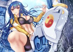 Rule 34 | 1girl, :d, alternate costume, bikini, black bikini, blue hair, breasts, cleavage, commentary request, hinanawi tenshi, large breasts, long hair, looking at viewer, navel, open mouth, orb, red eyes, shounen (hogehoge), smile, solo, swimsuit, touhou, touhou lostword, variant set, vest, water, yellow vest, yin yang, yin yang orb