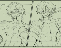 2boys abs aventurine_(honkai:_star_rail) blush border caelus_(honkai:_star_rail) closed_mouth collarbone collared_shirt completely_nude crossed_bangs drooling hair_between_eyes hand_up honkai:_star_rail honkai_(series) implied_sex long_sleeves looking_at_another lying male_focus mealove1218 monochrome multiple_boys muscular muscular_male navel neck_tattoo nipples nude on_back open_clothes open_mouth open_shirt pectorals scar shirt short_hair simple_background smile tattoo teeth tongue tongue_out trailblazer_(honkai:_star_rail) yaoi