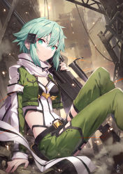 1girl anti-materiel_rifle belt black_belt bolt_action breasts cleavage closed_mouth commentary_request feet_out_of_frame from_side gabiran green_eyes green_hair green_jacket green_pants gun hair_ornament hairclip highres jacket medium_breasts medium_hair multicolored_jacket outdoors pants pgm_hecate_ii rifle ruins scarf short_hair sinon sitting sniper_rifle solo sword_art_online translation_request two-tone_jacket weapon white_jacket white_scarf