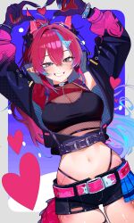 1girl absurdres arms_up bandeau belt black_bandeau black_jacket black_shorts blue_eyes blue_hair blue_skirt blue_streaks blush border breasts clawed_hands cleavage cloud_hair_ornament dragon_girl dragon_horns dragon_tail fishnet_top fishnets grey_border grin half-skirt heart heart_hands highleg highleg_panties highres horns idol_corp jacket kai_saikota large_breasts long_hair long_sleeves looking_at_viewer midriff ms._tsu multicolored_hair navel open_clothes open_jacket open_mouth panties panty_straps pink_belt pleated_skirt pointy_ears red_hair red_tail second-party_source short_shorts shorts single_fishnet_legwear skirt smile solo streaked_hair tail underwear virtual_youtuber