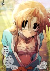 1girl absurdres arms_behind_back bandaid bandaid_on_cheek bandaid_on_face bandaid_on_forehead blue_kimono bow breasts brown_hair bruise cleavage closed_mouth collar collarbone ed-chan_(edkuroki) edkuroki english_text engrish_text gauze gauze_on_cheek grey_collar hair_intakes highres injury japanese_clothes kimono light_blush long_hair looking_up messy_hair navel open_clothes open_kimono original outdoors pov ranguage sarashi sidelocks signature small_breasts speech_bubble wavy_mouth yellow_bow