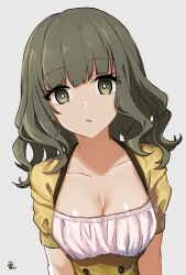 1girl breasts bright_pupils brown_hair cleavage closed_mouth collarbone commentary_request eyelashes grey_background highres long_hair looking_at_viewer medium_breasts min_(myna8247) original shirt short_sleeves sidelocks signature simple_background solo upper_body yellow_shirt