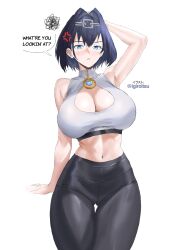 armpits blue_eyes breasts cleavage_cutout clothing_cutout gluteal_fold highres hololive hololive_english igiroitsu large_breasts ouro_kronii pants sports_bra thigh_gap virtual_youtuber yoga_pants