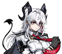 1girl adjusting_clothes adjusting_necktie arm_pouch artist_name black_gloves black_horns black_jacket black_pouch black_tail breasts button_gap chest_harness chinese_commentary collared_shirt commentary_request curled_horns demon_tail earrings gloves hair_between_eyes harness highres horns jacket jacket_on_shoulders jewelry key_earrings large_breasts long_hair multicolored_hair necktie red_eyes red_necktie shirt simple_background solo streaked_hair tail upper_body white_background white_shirt wuthering_waves wuyan057 zani_(wuthering_waves)