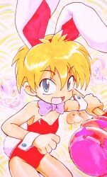 1990s_(style) 1girl animal_ears blonde_hair blue_eyes bow bowtie bunny_day fake_tail hair_between_eyes hammer heika_(heikahp) holding holding_hammer keiou_yuugekitai leotard nanahikari_rami open_mouth photo_(object) playboy_bunny pochi_(keiou_yuugekitai) rabbit_ears retro_artstyle short_hair tail toy_hammer wrist_cuffs