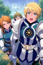 1girl 2boys armor belt blonde_hair blue_eyes braid breasts echo_(circa) flynn_scifo glasses mole mole_under_eye multiple_boys open_mouth red_eyes short_hair sodia_(tales) sweatdrop sword table tales_of_(series) tales_of_vesperia thighhighs weapon witcher_(tales)