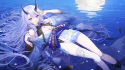 1girl bare_shoulders black_shirt blue_eyes blue_horns blue_kimono breasts chitose_(chi_candy) cleavage closed_mouth commission feet_out_of_frame floating gold_trim hair_spread_out half-closed_eyes hands_up highres horns indie_virtual_youtuber japanese_clothes kimono knees_apart_feet_together long_hair looking_at_viewer manmaru_(vtuber) medium_breasts moon moon_reflection night outdoors partially_submerged petals petals_on_liquid purple_sash reflection ripples sash second-party_source shirt single_bare_leg single_thighhigh solo thighhighs very_long_hair white_hair white_petals white_thighhighs