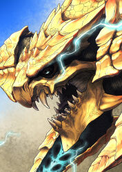 absurdres dragon electricity gold_scales highres monster monster_focus monster_hunter_(series) monster_hunter_wilds nemaki_(nemaki87456) no_humans open_mouth rey_dau scales sharp_teeth teeth