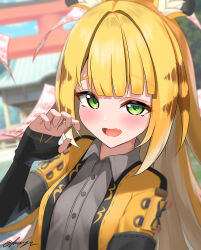 1girl absurdres animal_ears black_gloves blonde_hair cropped_jacket elbow_gloves fang fingerless_gloves gloves green_eyes highres jacket ju_fufu kaju_paint long_hair multicolored_hair open_mouth skin_fang solo tiger_ears tiger_girl two-tone_hair white_hair yellow_jacket zenless_zone_zero