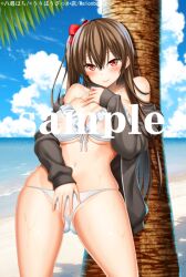1girl areola_slip artist_name bare_shoulders beach bikini black_jacket blue_sky blush breasts brown_hair cleavage closed_mouth cloud cloudy_sky commentary_request copyright_notice cowboy_shot groin hair_between_eyes hair_ribbon hand_up highres hood hood_down hooded_jacket jacket large_breasts long_hair looking_at_viewer navel ocean off_shoulder one_side_up open_clothes open_jacket original outdoors red_eyes red_ribbon ribbon sample_watermark see-through_bikini see-through_clothes sky smile solo standing stomach swimsuit watermark wet wet_bikini white_bikini yahiro_pochi