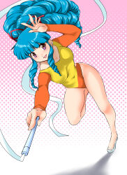 1990s_(style) 1girl absurdres asuka_120_percent athletic_leotard blue_hair brown_eyes covered_navel curly_sidelocks drill_hair drill_sidelocks gymnastics half-soles highleg highleg_leotard highres holding_ribbon_baton leotard long_hair multicolored_leotard nanao_futaba ookubo_kumi ponytail retro_artstyle rhythmic_gymnastics ribbon ribbon_baton sidelocks solo tri_drills two-tone_leotard yellow_leotard
