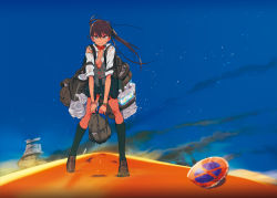 1girl bag bottle brown_eyes brown_hair desert female_focus highres long_hair looking_at_viewer mebae open_clothes open_vest original ponytail sand solo torn_clothes vest water_bottle