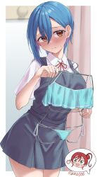Rule 34 | 2girls, absurdres, bikini, black dress, blue hair, blush, border, breasts, brown eyes, closed mouth, collared shirt, commentary request, dress, earrings, green eyes, hair between eyes, highres, jewelry, large breasts, love live!, love live! superstar!!, medium hair, multiple girls, neck ribbon, outside border, pinafore dress, red hair, red ribbon, ribbon, rikka006, school uniform, shirt, short sleeves, sleeveless, sleeveless dress, stud earrings, sweatdrop, swimsuit, thumbs up, unworn bikini, wakana shiki, white border, white shirt, yoneme mei, yuigaoka school uniform