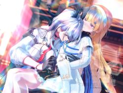 2girls 3d ari0futon black_gloves blonde_hair blush closed_eyes closed_mouth commentary dress earrings gloves grey_hair hair_ornament hairband hand_on_another&#039;s_waist hashtag-only_commentary highres holding_hands horns interlocked_fingers jewelry key_earrings long_sleeves multiple_girls parted_lips phoebe_(wuthering_waves) purple_eyes shirt sitting sitting_on_lap sitting_on_person smile sunlight watermark white_dress white_hairband white_shirt wuthering_waves yuri zani_(wuthering_waves)