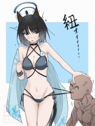 1boy 1girl animal_ears bikini bikini_bottom_pull black_eyes black_tail blue_archive blue_bikini blue_halo cat_ears cat_girl cat_tail doodle_sensei_(blue_archive) halo highres kikyou_(blue_archive) kikyou_(swimsuit)_(blue_archive) layered_bikini nagomu_7_56 official_alternate_costume sensei_(blue_archive) swimsuit tail