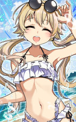 1girl adjusting_eyewear arm_up armpits bare_shoulders beach bikini blonde_hair blue_archive blush closed_eyes collarbone commentary_request cowboy_shot eyewear_on_head flat_chest floating_hair frilled_bikini frills hair_between_eyes hand_on_eyewear hifumi_(blue_archive) hifumi_(swimsuit)_(blue_archive) highres long_hair low_twintails midriff navel ocean official_alternate_costume open_mouth ribbon-trimmed_bikini ribbon-trimmed_swimsuit ribbon_trim round_eyewear side-tie_bikini_bottom sidelocks smile solo standing sunglasses swimsuit teeth twintails upper_teeth_only white_bikini yasume_yukito
